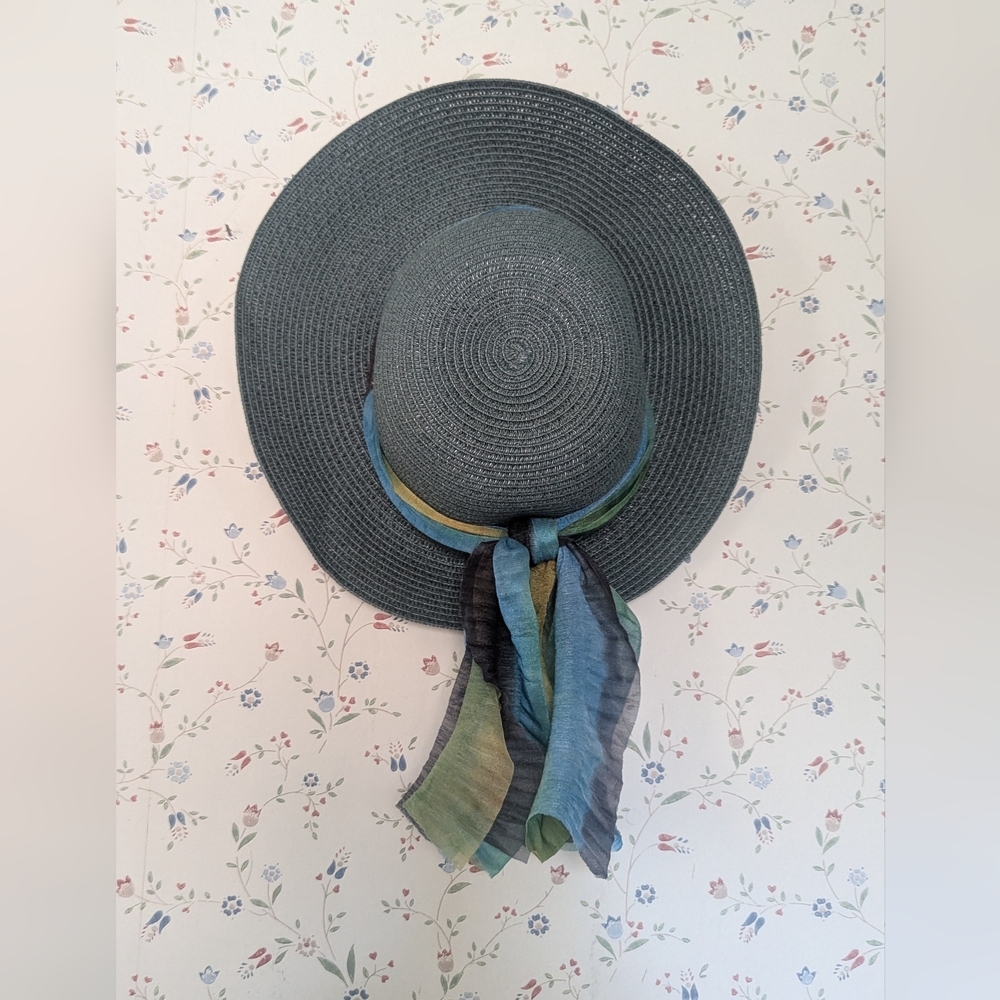 Sun Hat Paper Woven Blue Scarf Summer Spring Resort Beach Break Vacation 8"